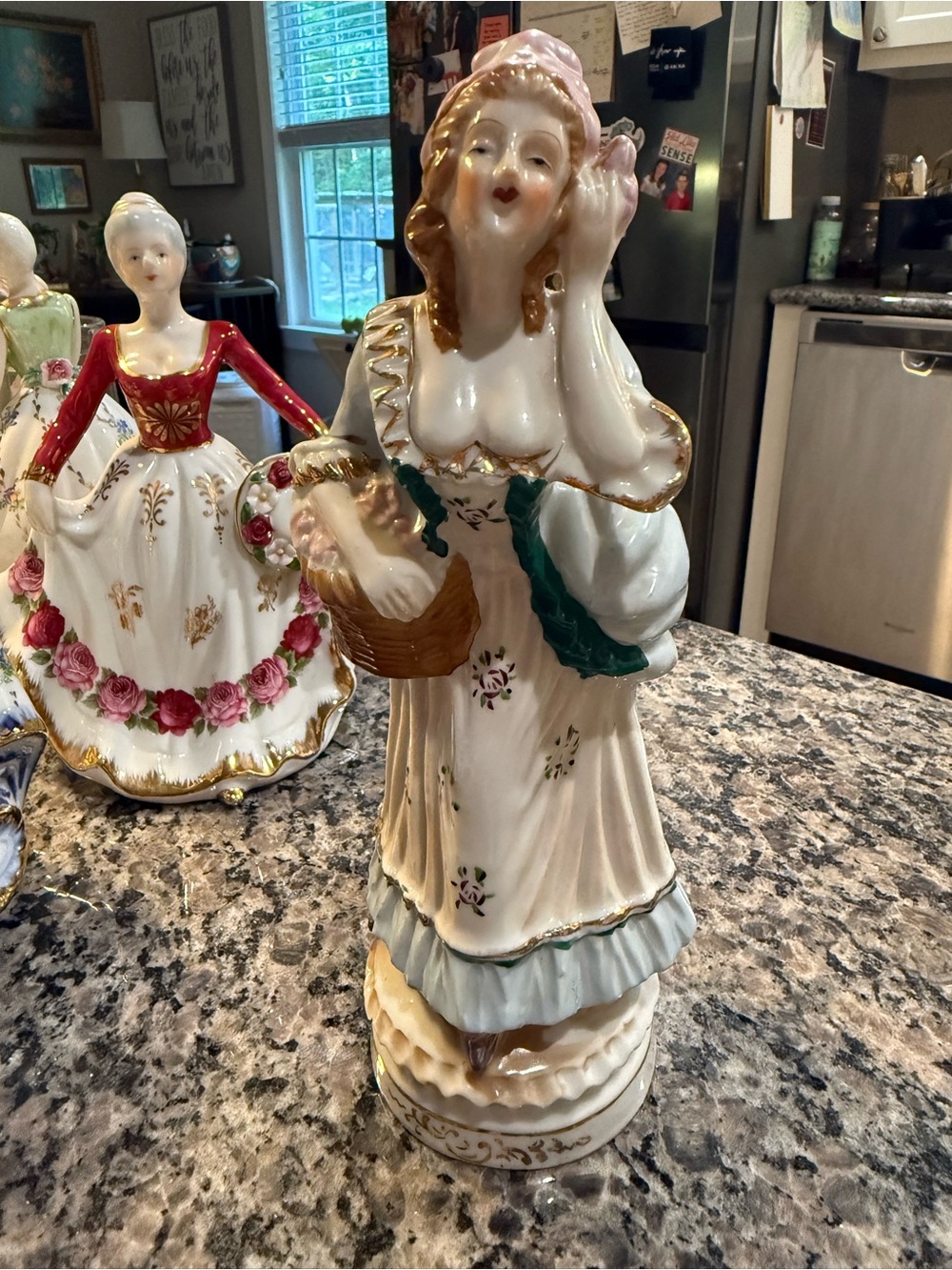 Porcelain Lady Figurine with Basket - Cream, Green, Gold Accents